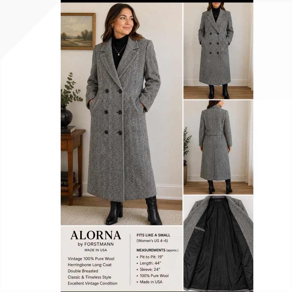 Vintage Alorna Forstmann Wool Herringbone DoubleBreasted Long Coat S Made in USA